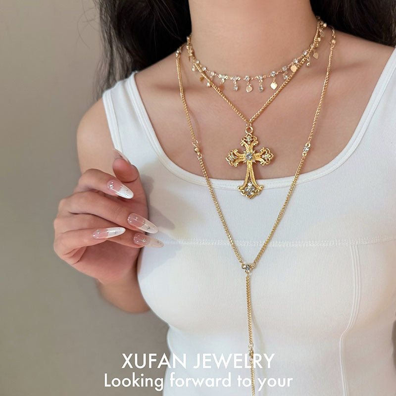Wholesale Gold Alloy Vintage Layered Cross Necklace,  Trendy Jewelry Accessory for Party or Everyday Wear