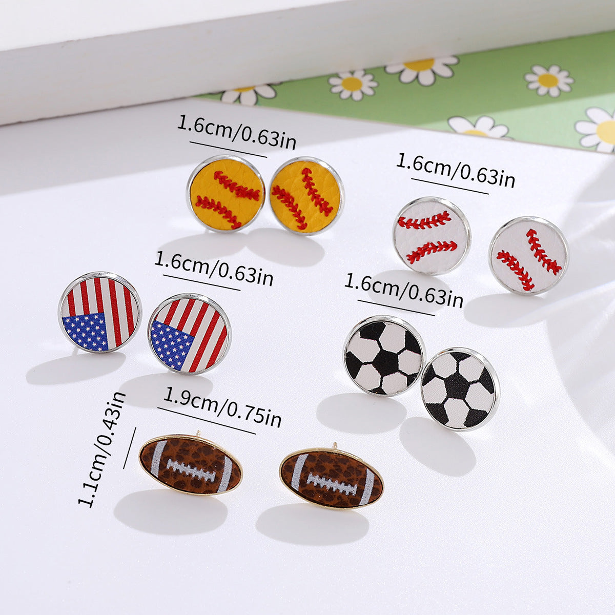 Wholesale Sports Ball American Flag Round Metal Base Earrings