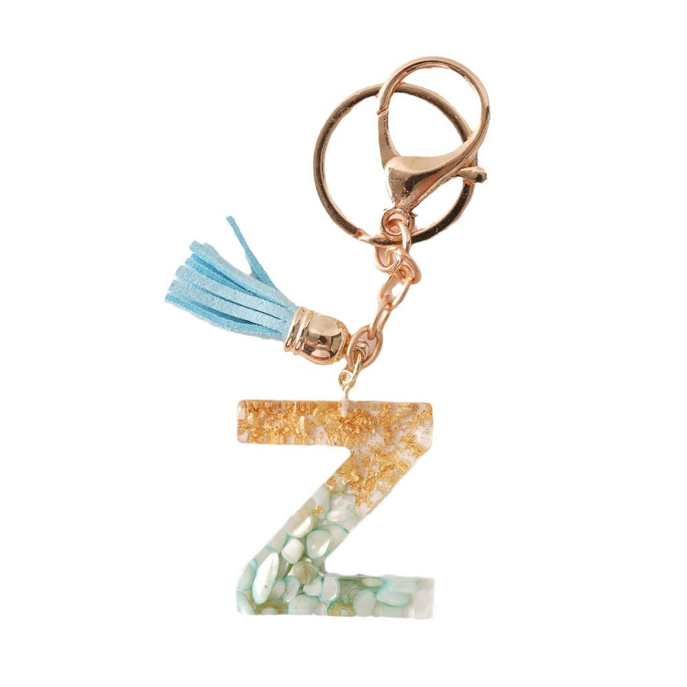 Wholesale Blue Gold Tassel 26 English Letters Gold Keychains