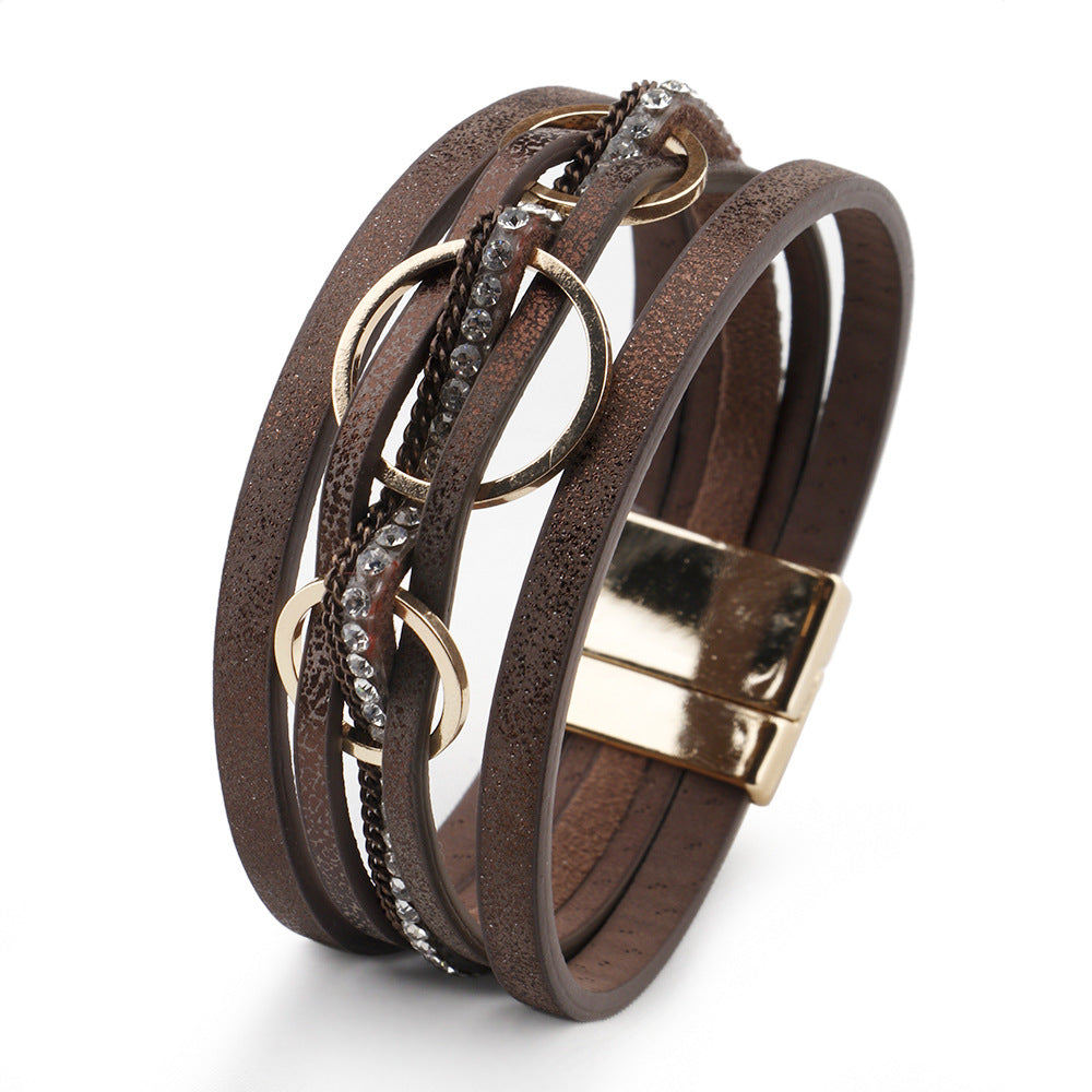 Wholesale Pink PU Leather Women S Layered Bracelet With Magnetic Clasp And Interlocking Rings Stylish Jewelry Accessory For Everyday Wear
