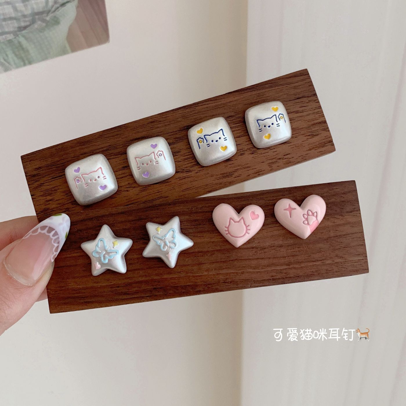 Wholesale Square Graffiti Cat Earrings  Asian Silver Cute Five-pointed Star Butterfly Earrings