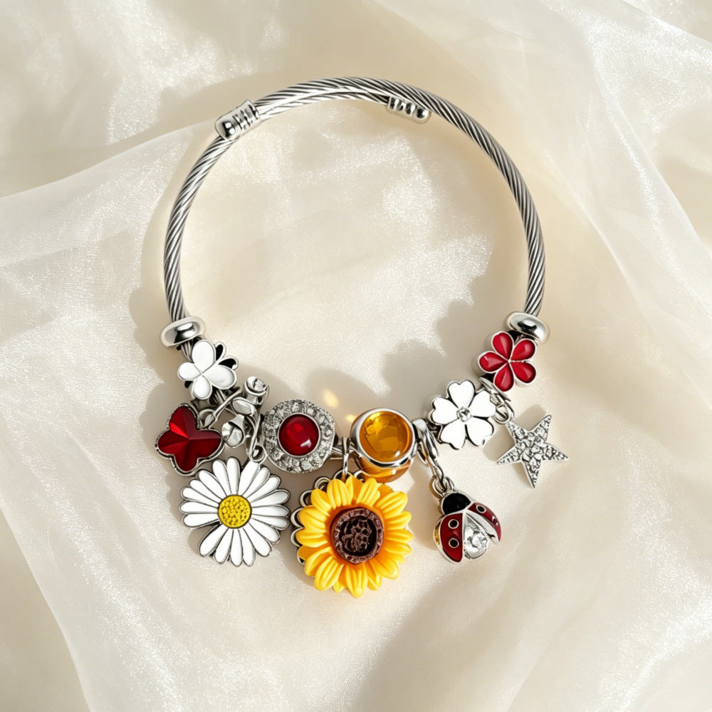 Wholesale Sunflower Bee Adjustable Open Cuff Bracelet Stainless Steel Nature Theme Fashion Accessory Boutique Resale Jewelry