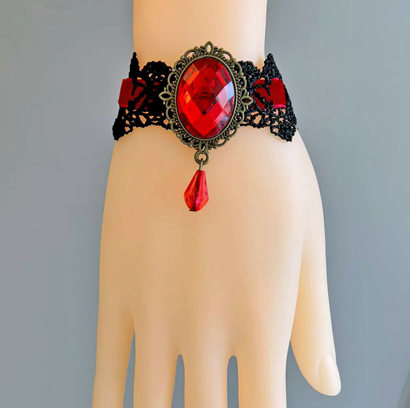 Wholesale Gothic Victorian Lace Bracelet with Red Crystal Pendant,  Chic Jewelry Accessory