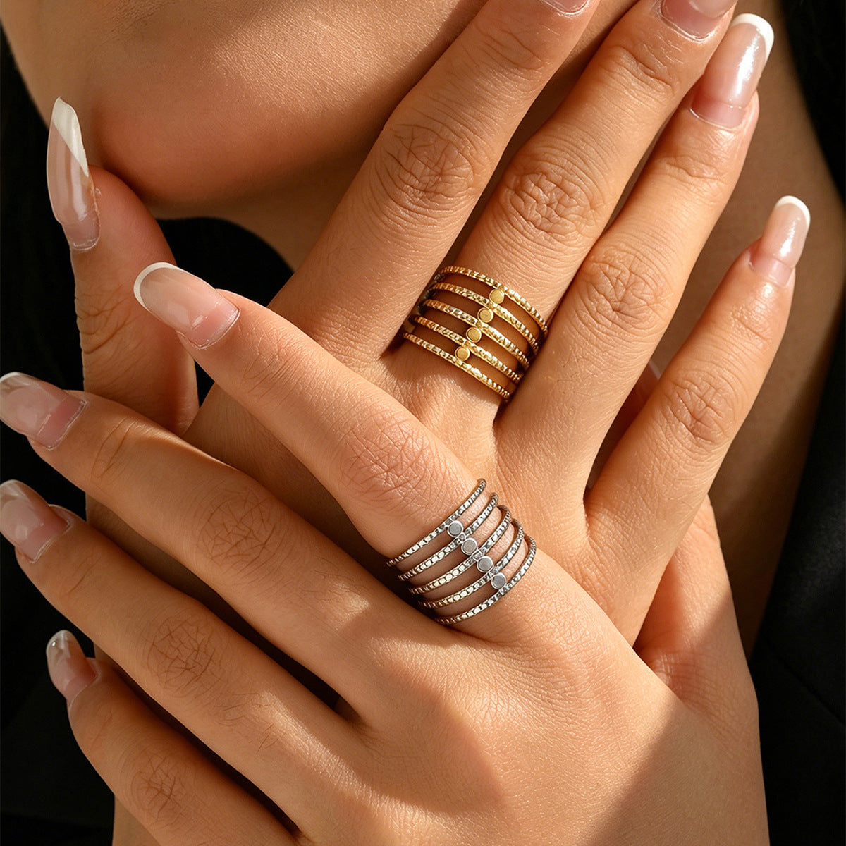 Wholesale Women S Retro Open Ring Stainless Steel 18K Gold Plated Multi Layer Line Design Everyday Fashion Jewelry Accessory
