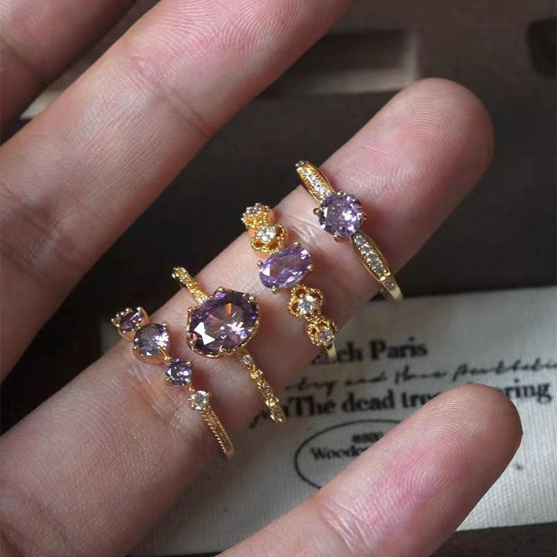 Wholesale French Stylish Adjustable Purple Zircon Ring Set Electroplated Alloy Geometric Four Piece Jewelry Accessory For Women Boutique Resale Gift