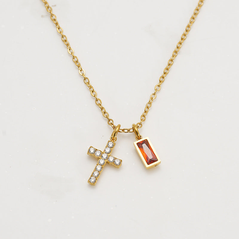 Wholesale Stainless steel December birthstone cross necklace