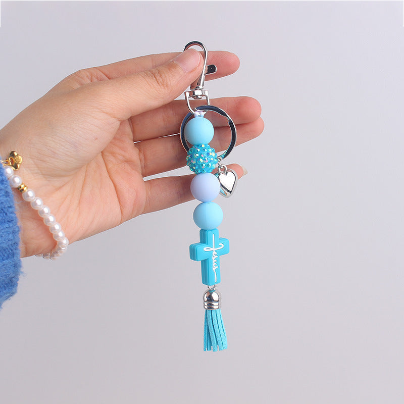 Wholesale Creative Cross Tassel Keychain Charm Silicone Beaded Bag Accessory