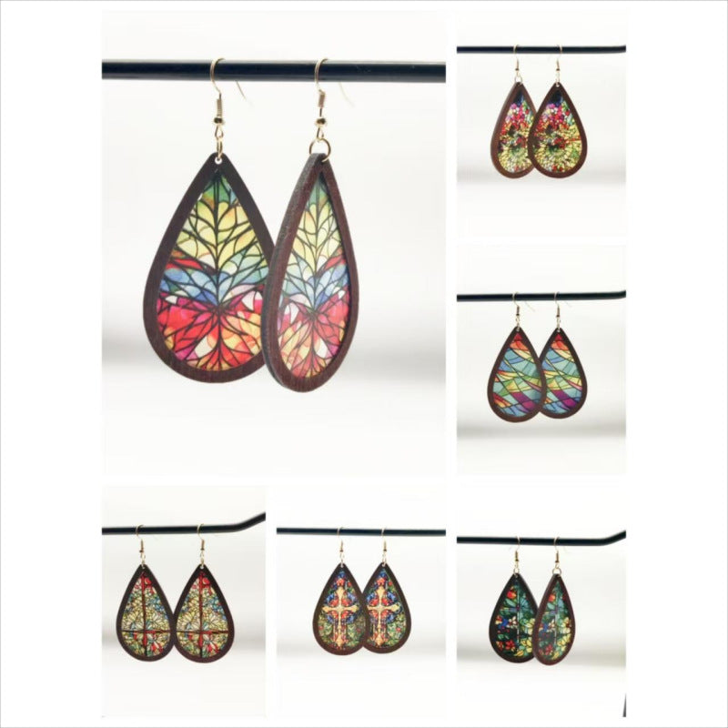 Wholesale teardrop shaped inlaid acrylic church color print earrings