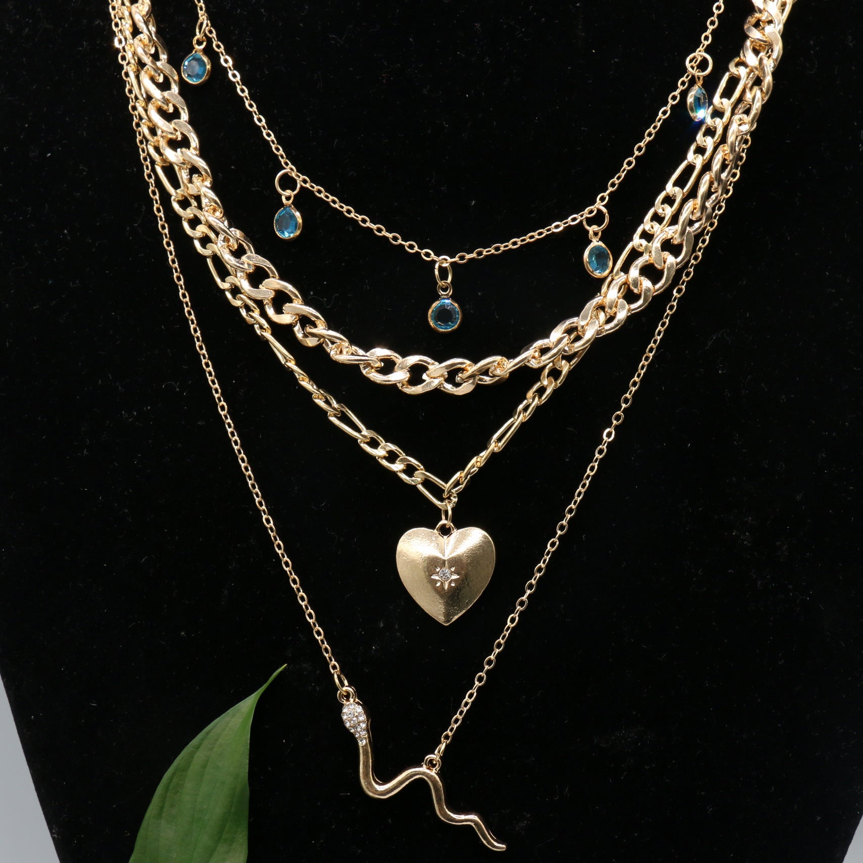 Wholesale Metal Diamond Blue Water Drop Love Multi-layer Tassel Necklace