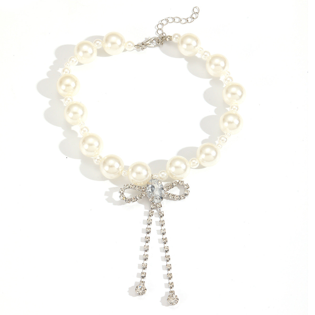 Wholesale Imitation Pearl Bow Tie Rhinestone Tassel Choker Necklace Fashion Accessory Boutique Resale