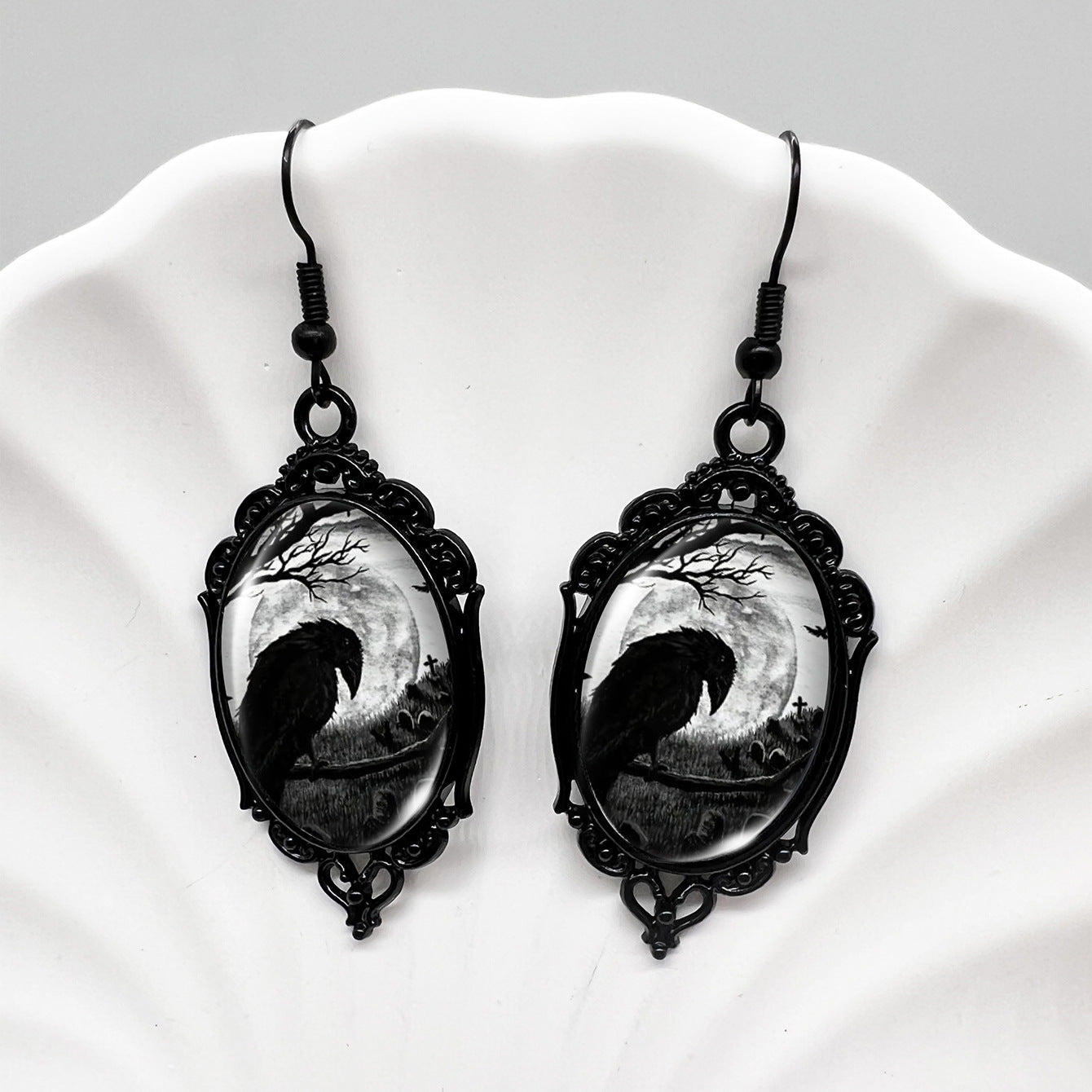 Wholesale Halloween Crow Skull Oval Lace Witch Pumpkin Black Cat Moon Metal Earrings ACCVIP-ES-XiangLian006