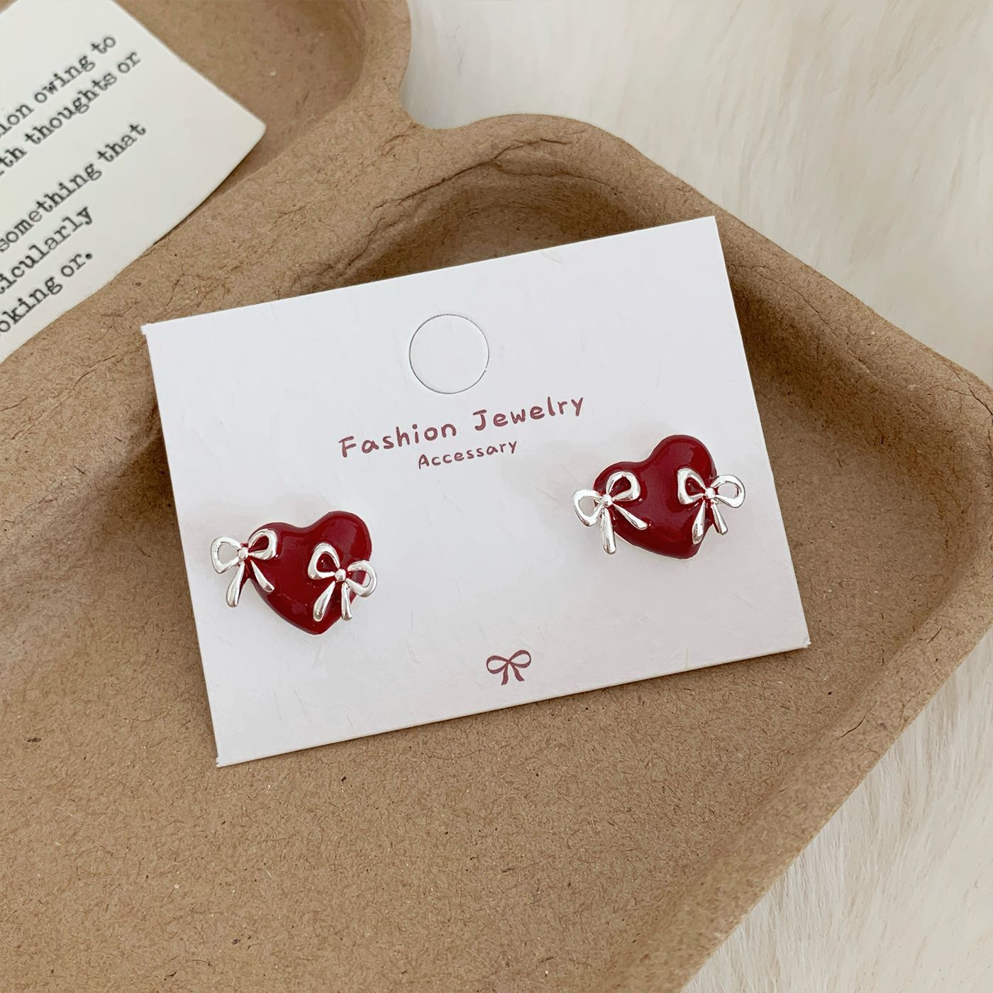 Wholesale retro Ankara red heart bow earrings  silver needle exquisite sweet high-end earrings