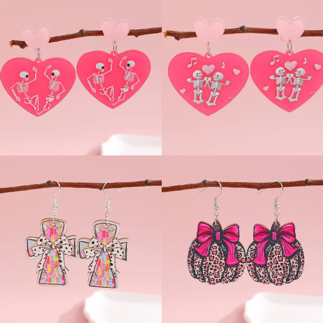Wholesale Casual Acrylic Heart Skull Earrings  Pumpkin Design Party Jewelry Accessory Boutique Resale