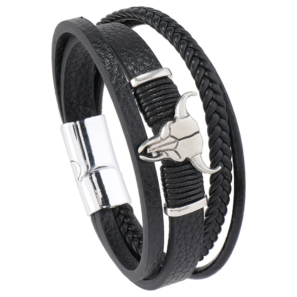 Wholesale Leather Western-style cowboy bull head multi-layered bracelet