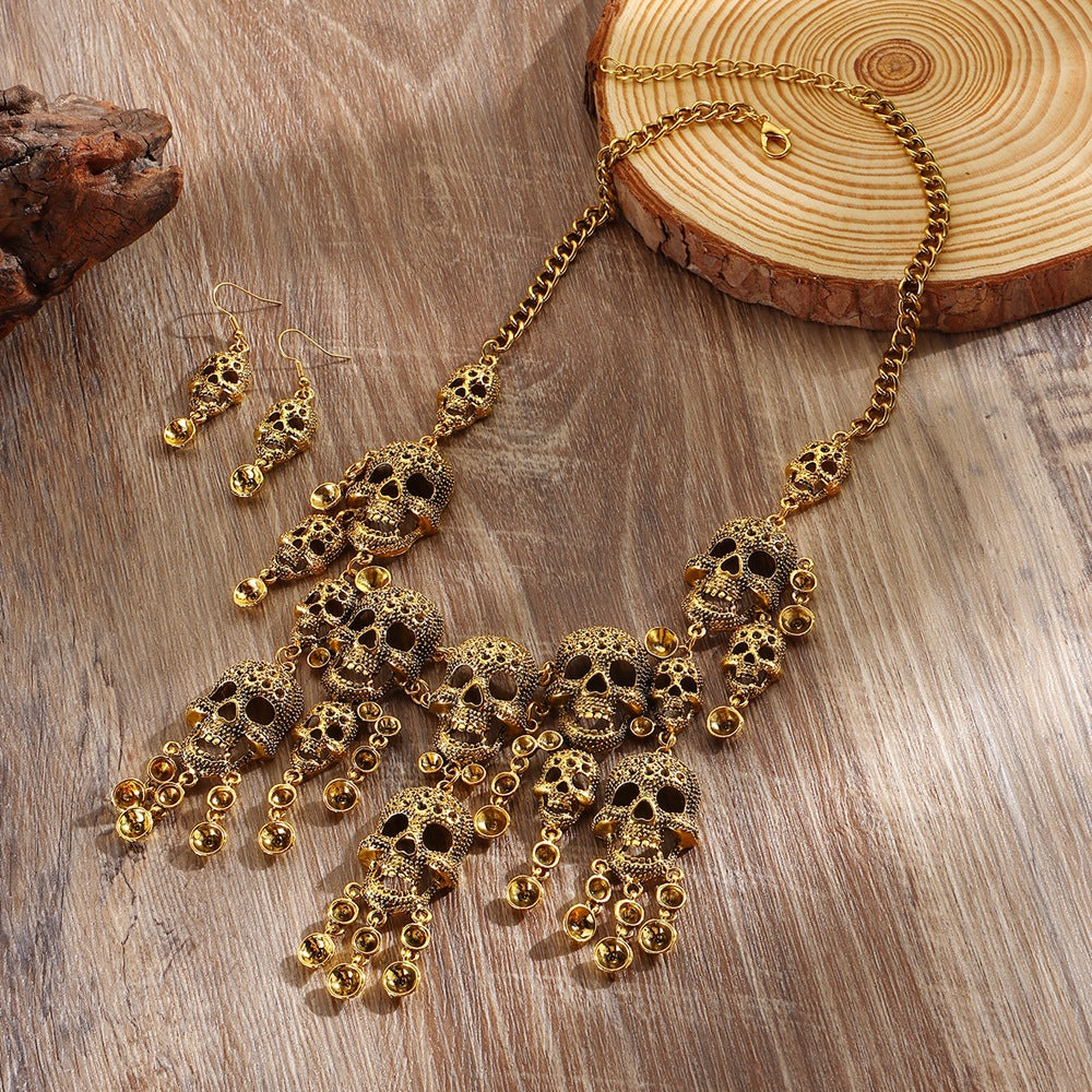 Wholesale Gold Tone Alloy Skull Jewelry Set - Punk Retro Necklace and Earrings for