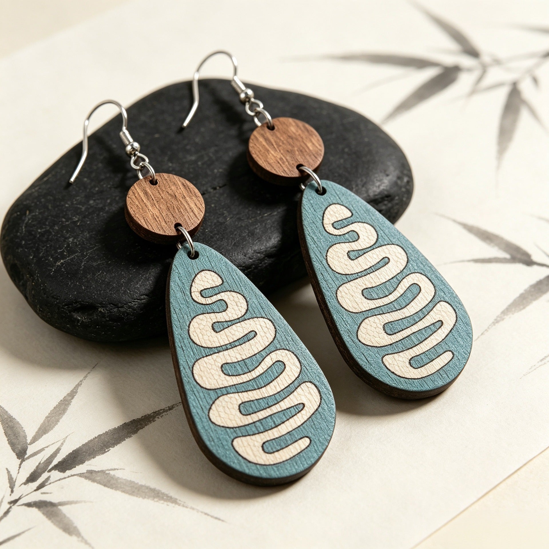 Wholesale Wooden Drop Earrings Retro Bohemian Green Snake Print Teardrop Earrings Jewelry Accessory For Boutique Resale