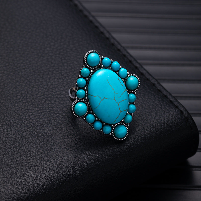 Wholesale Retro Bohemian Silver Flower Imitation Turquoise Ring - Fashion Accessory for Boutique Resale