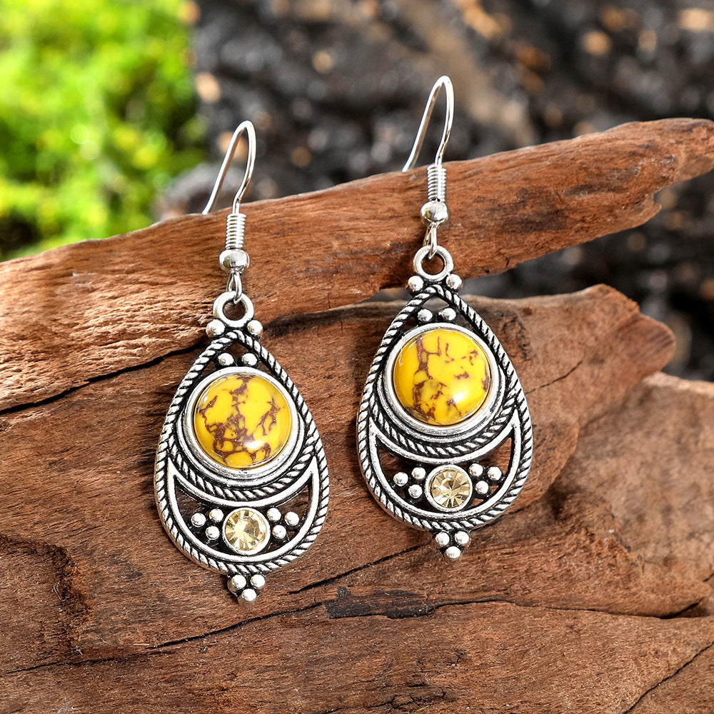 Wholesale Antique Finish Alloy Drop Earrings,  Bohemian French Style Turquoise Inlay Women' s Fashion Jewelry