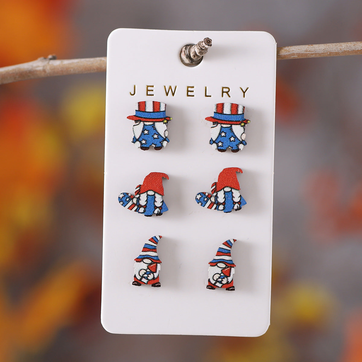 Wholesale Red and White Striped Star Slippers Love American Independence Day Wooden Earnail Set ACC-ES-ChuLian010