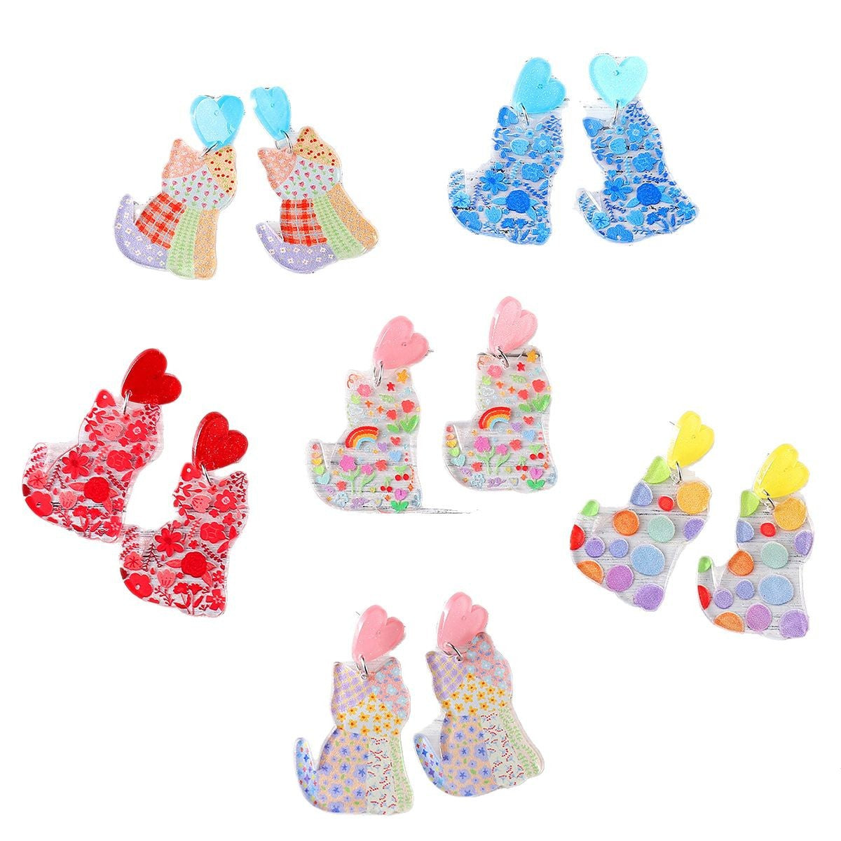 Wholesale  Cute Flowers Rainbow Wave Dot Cat Love Acrylic Pendant Earrings