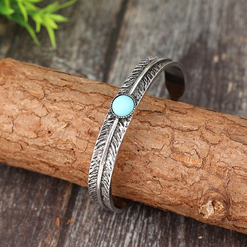 Wholesale Bohemian Retro Carved Cuff Bracelet,  Alloy Feather Turquoise Design,  Fashion Accessory for Boutique Resale