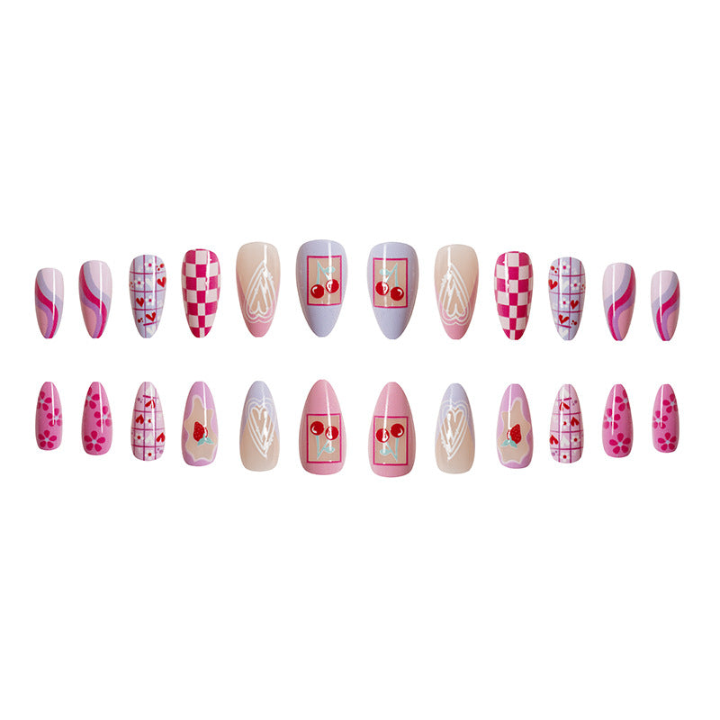 Wholesale 24 Pieces/box Glossy Pink Love Plaid Manicure Press-on Nails Kits ACC-NS-GuaiXL008