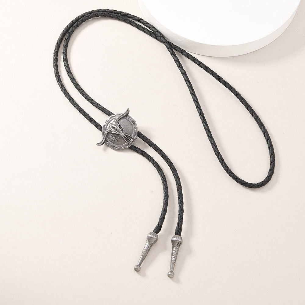 Wholesale Western cowboy alloy bull head collar rope necklace