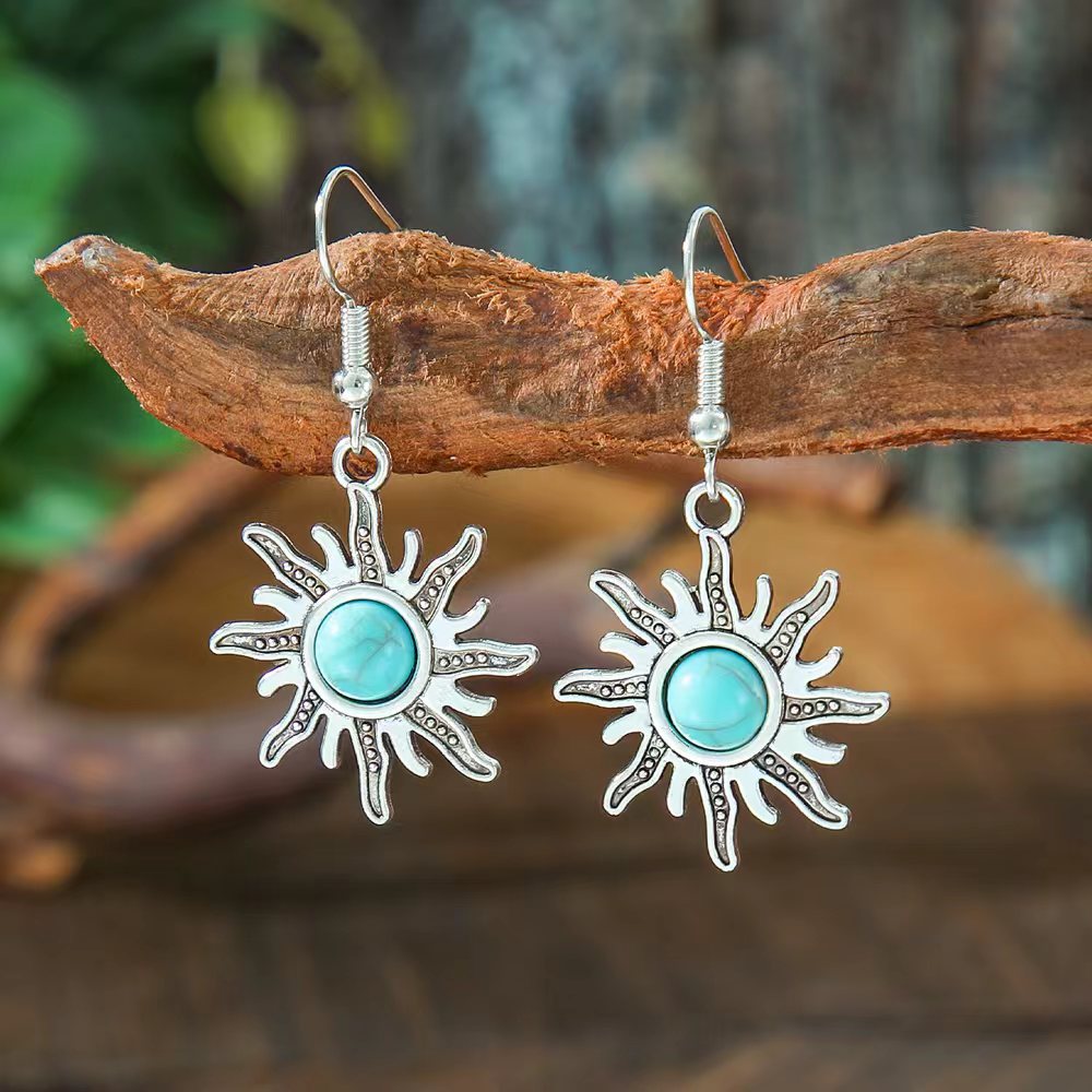 Wholesale Ethnic Style Turquoise Drop Earrings Zinc Alloy Electroplated Boutique Jewelry Accessory