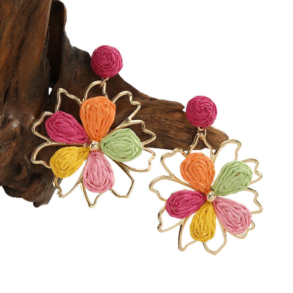 Wholesale Raffia woven summer flower earrings