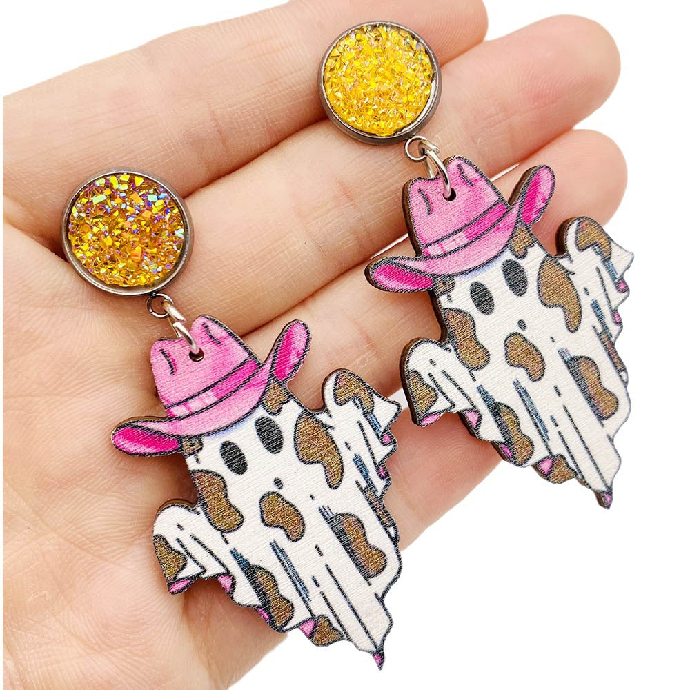 Wholesale Halloween Thanksgiving Ghost Pulley Wood Earrings ACC-ES-ChenY040