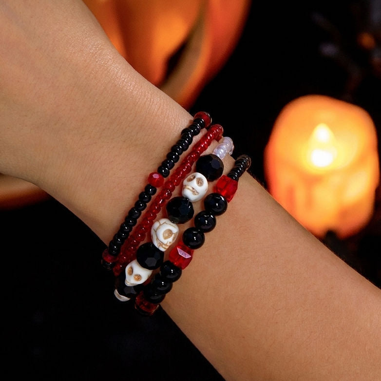 Wholesale Gothic Skull Glass Bead Bracelet Multilayer Red Black Contrast  Fashion Accessory Boutique Resale