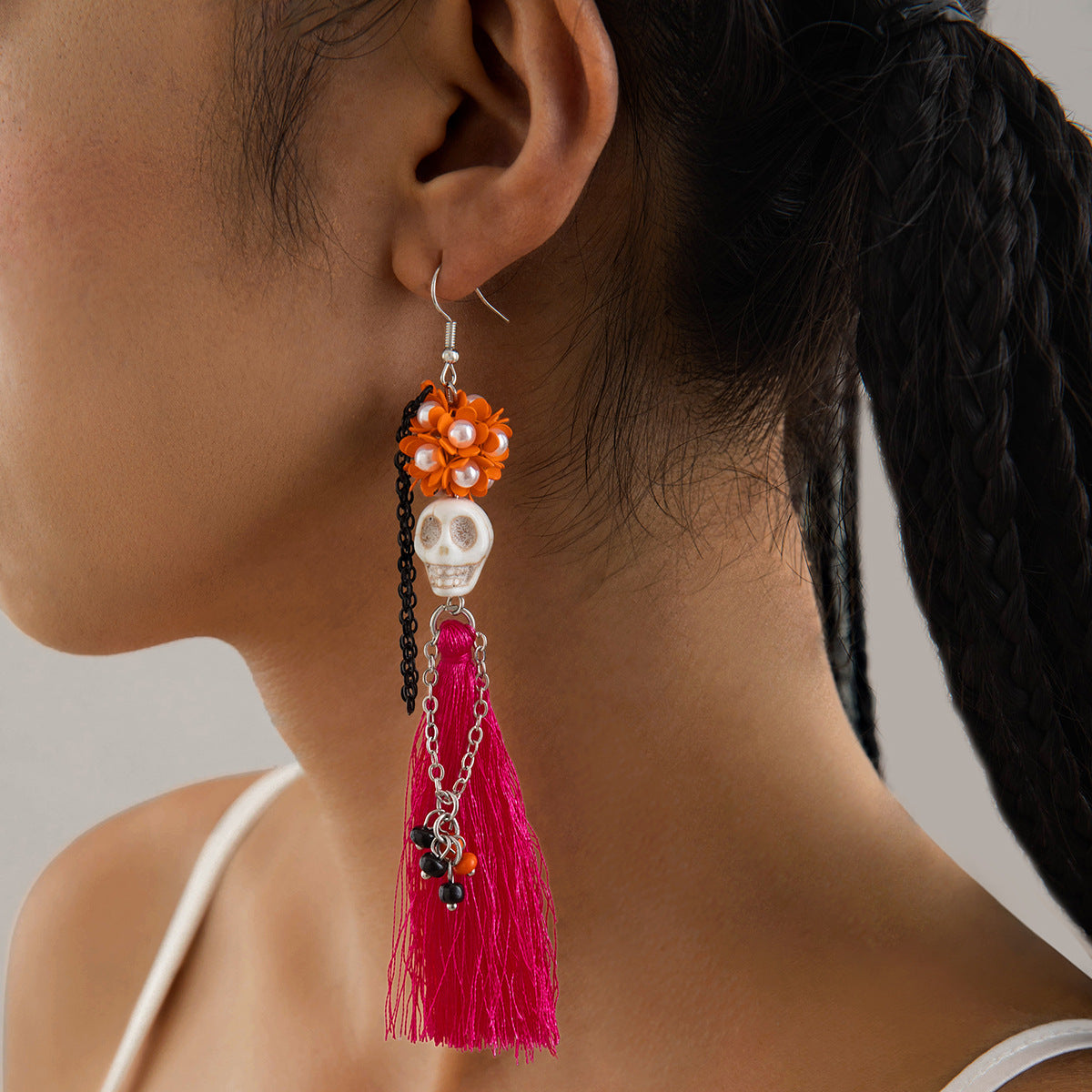 Wholesale   funny  skull tassel rice beads earrings