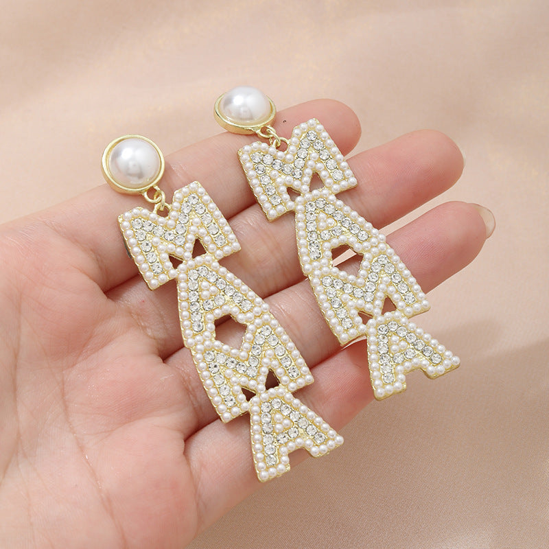 Wholesale Mother's Day Creative Letter Alloy  Diamond-inlaid Pearl Earrings