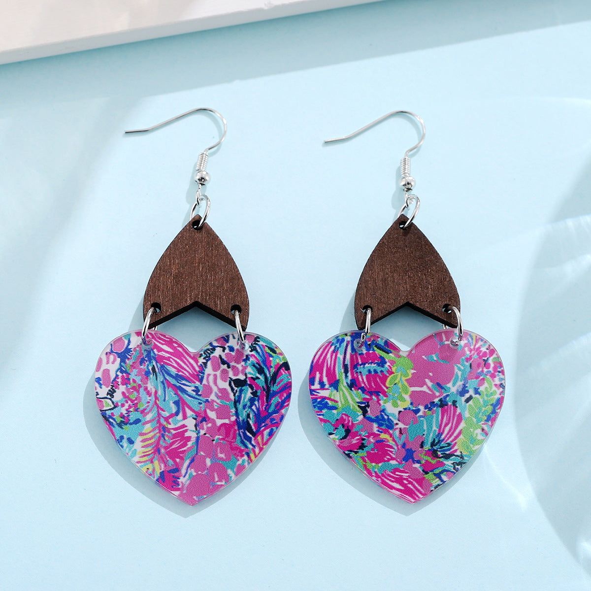 Wholesale Colorful Heart Flower Leaves Bohemian Wood Chip Splicing Acrylic Earrings