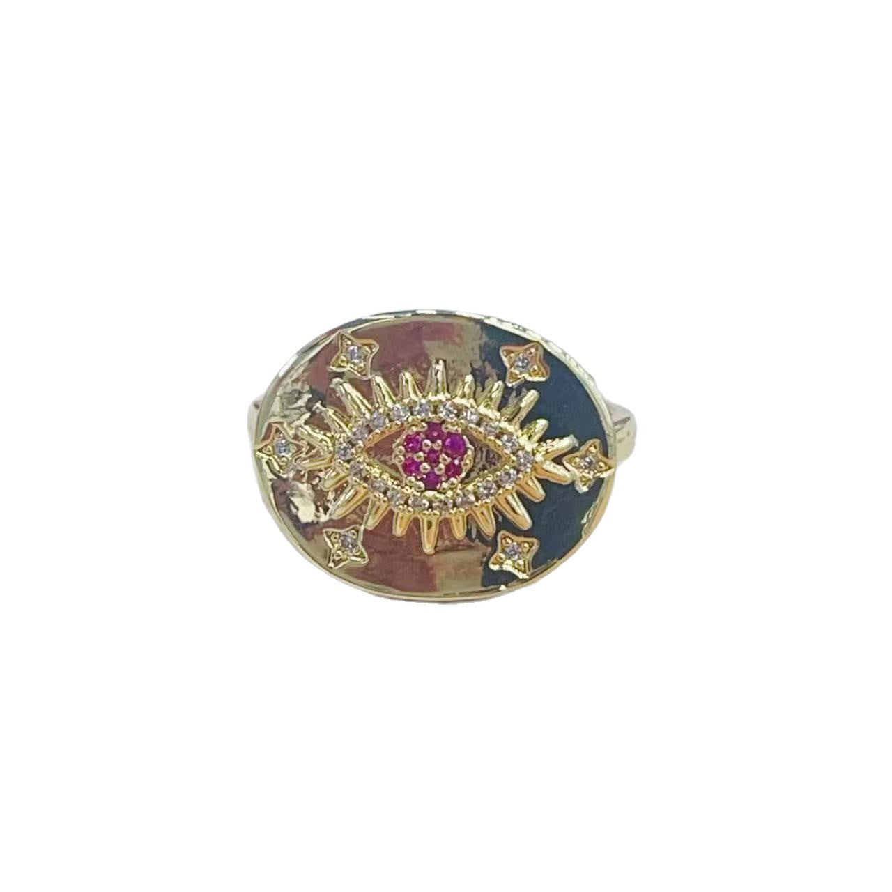 Wholesale Retro Enamel Eye Ring Sunburst Design Adjustable Gold Plated Tri-Color Fashion Accessory