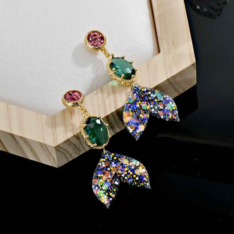 Wholesale Zircon Fish Tail Long Crystal Silver Needle Earrings ACC-ES-Jiuj001