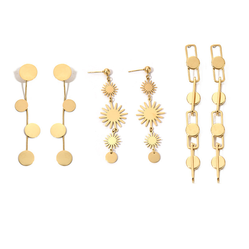 Wholesale Retro gold disc tassel Stainless steel earrings metal fashionable simple long
