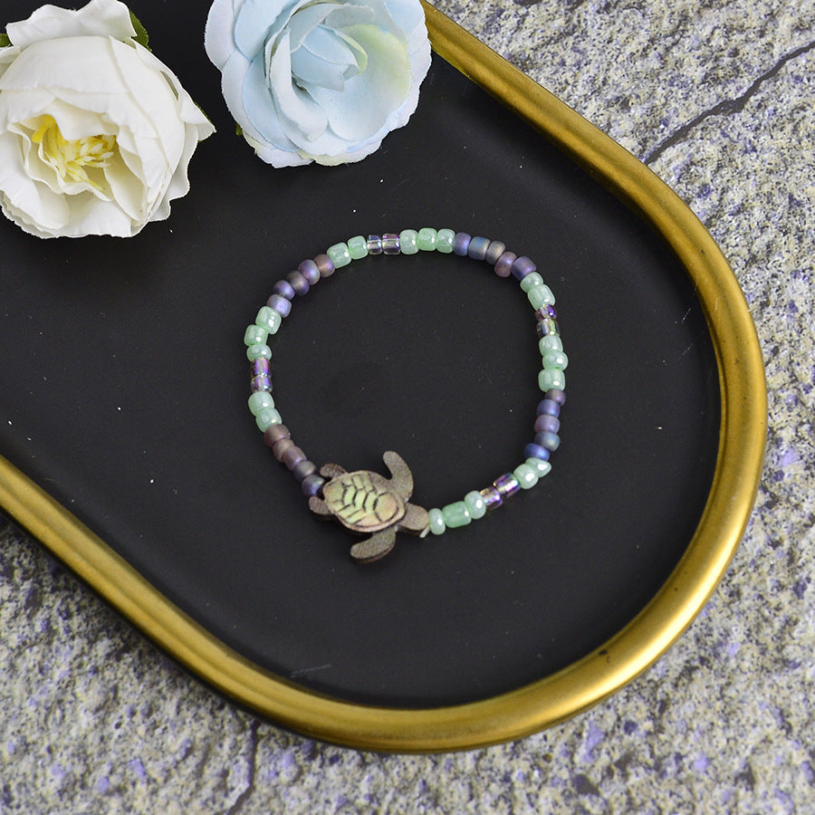 Wholesale Retro Turtle Design Colored Bead Stretch Bracelet Zinc Alloy Electroplated Unisex Fashion Accessory Anniversary Gift