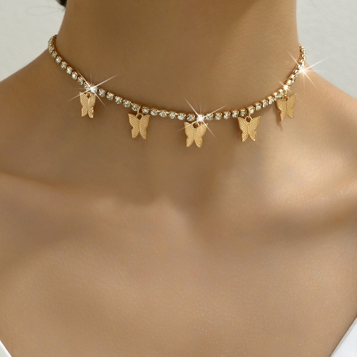 Wholesale Gold-Tone Rhinestone Butterfly Pendant Two-Layer Necklace for Women Trendy Fashion Accessory