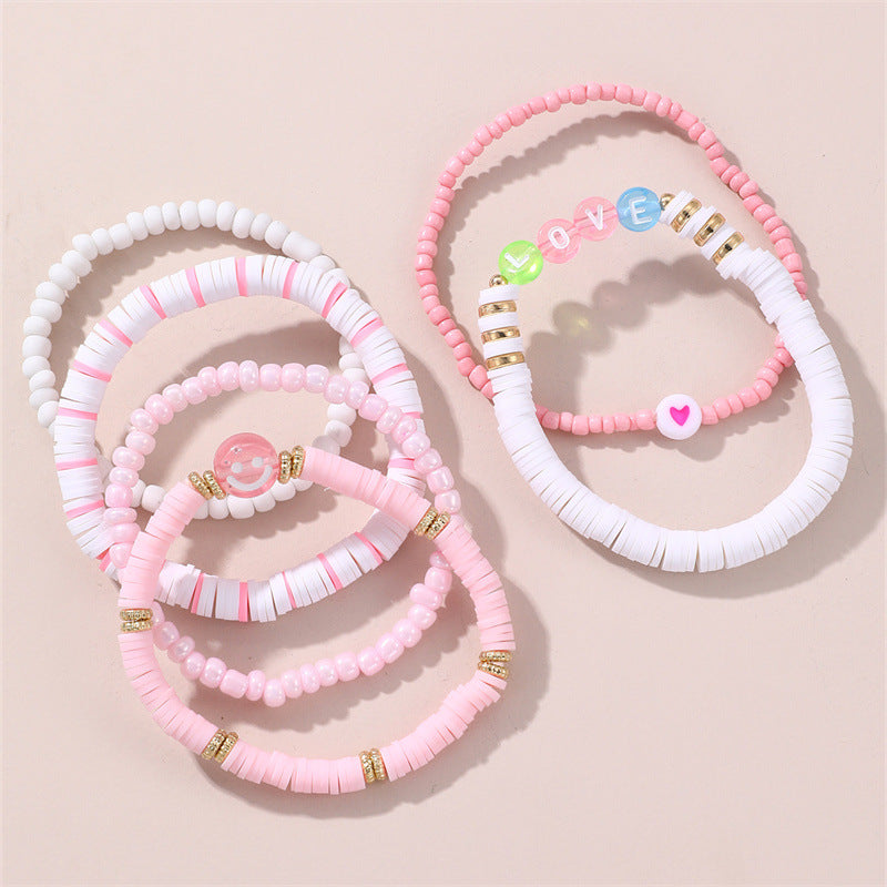 Wholesale Valentine's Day Pink soft pottery letters bracelet set