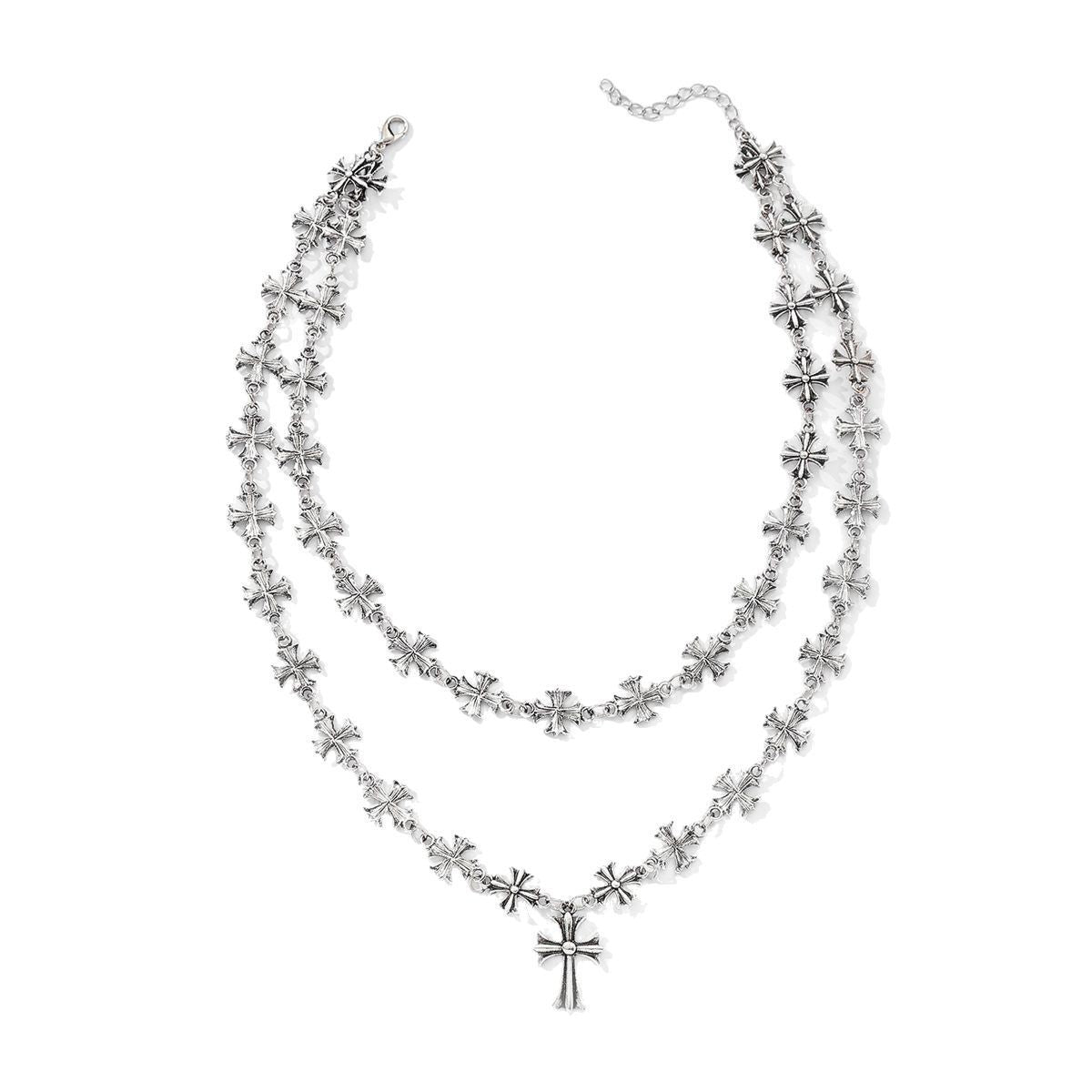 Wholesale Double Layer Cuban Chain Cross Pendant Necklace Zinc Alloy Electroplated Hip Hop Style Fashion Accessory for Men