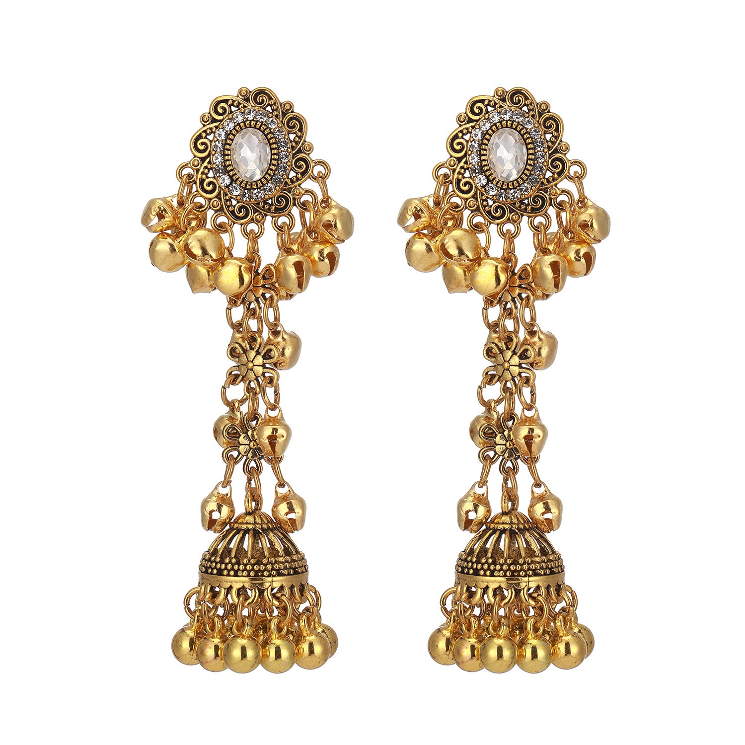 Wholesale Alloy Rhinestone Ethnic Vintage Tassel Bell Pendant Earrings For Women Fashion Jewelry Accessory Gift