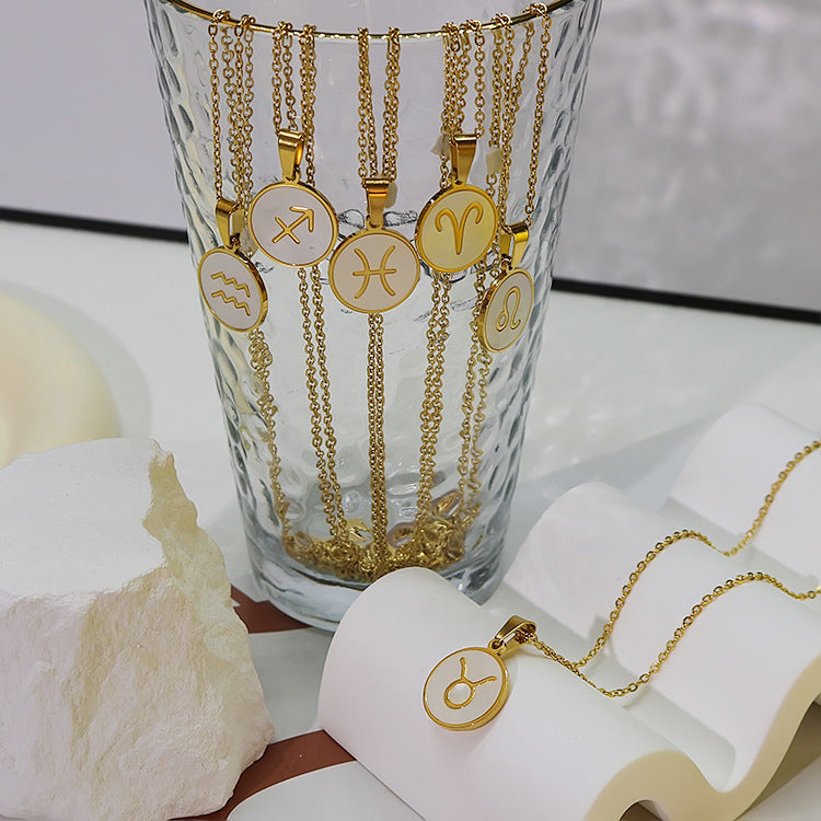 Wholesale twelve constellations white seashell stainless steel 18K gold-plated  pendant necklace