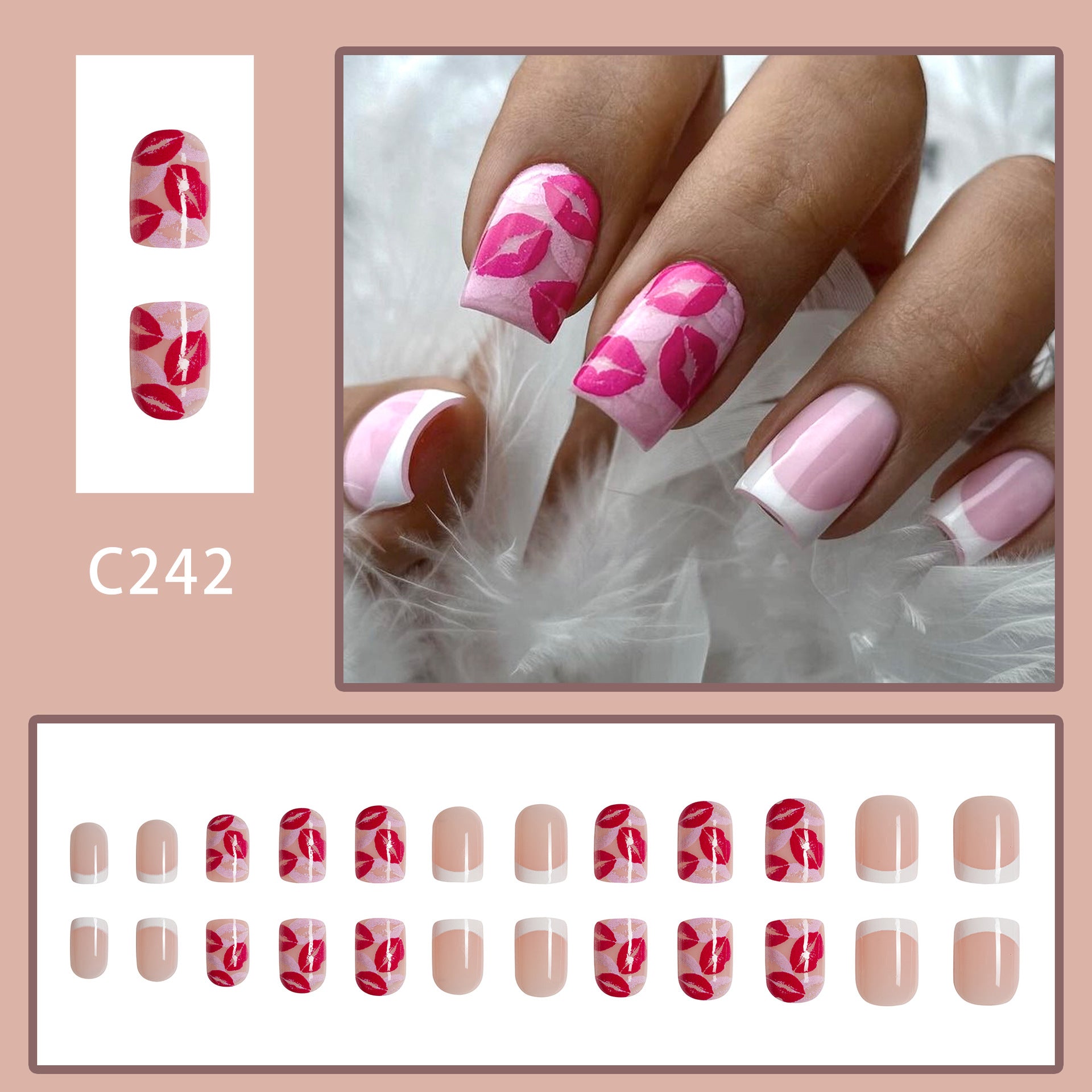 Wholesale 24 Pieces/box Valentine's Day Red Lip Manicure Press-on Nails Kits Nail Stickers ACC-NS-GuaiXL048