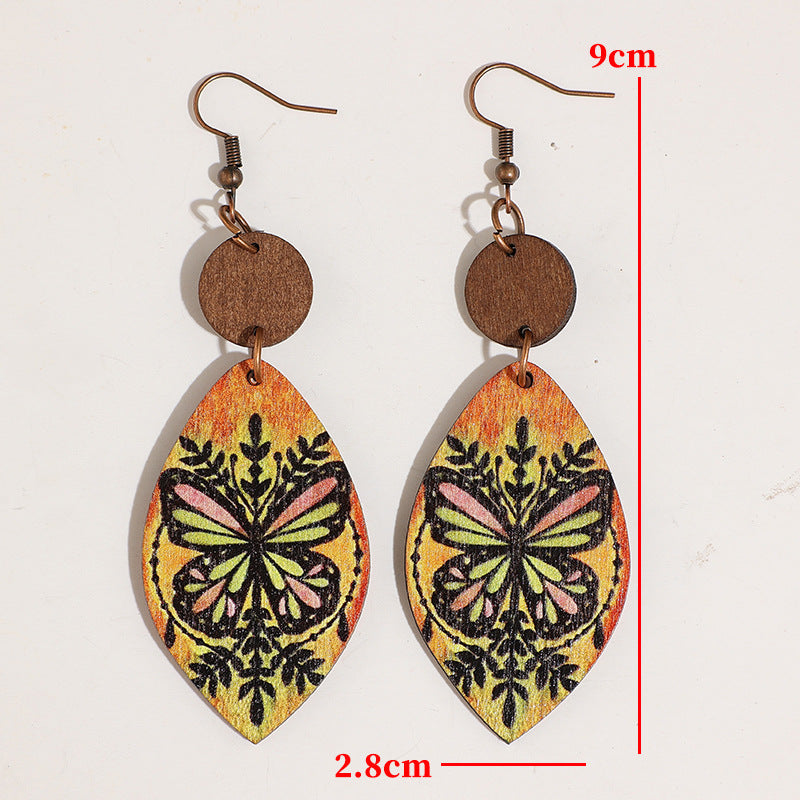 Wholesale Retro Bohemian Butterfly Print Wooden Earrings Fashion Jewelry Accessory