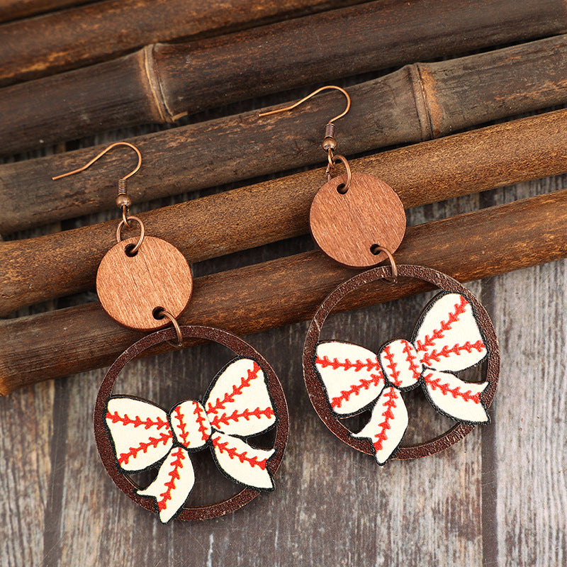 Wholesale Creative hollow ring stitching bow baseball pattern sports style wooden earrings