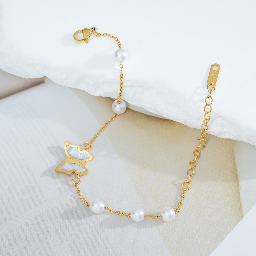 Wholesale Titanium Steel Retro Butterfly Pearl Bracelet - Fashion Jewelry Accessory,  Gift for Women