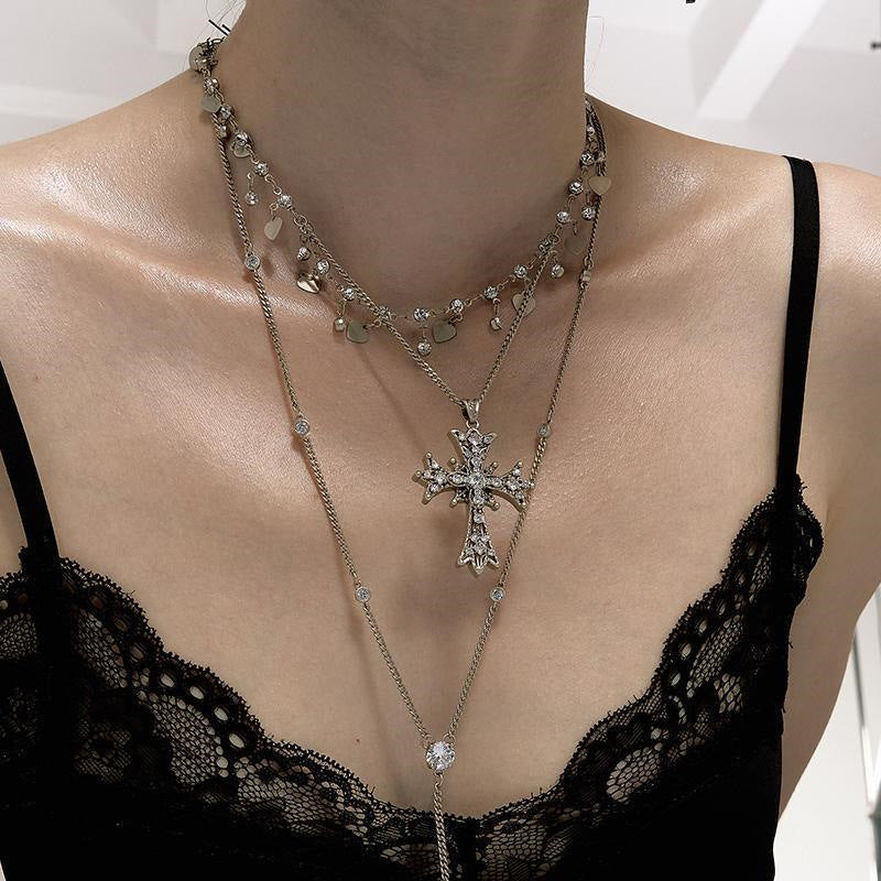 Wholesale  cross necklace  colored diamond cross multilayer necklace