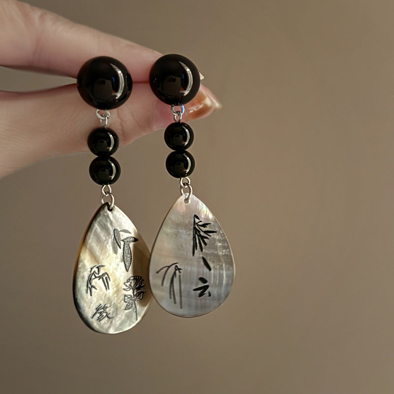 Wholesale Black Bamboo Flower Pearl Tassel Earrings ACC-ES-Fengm003