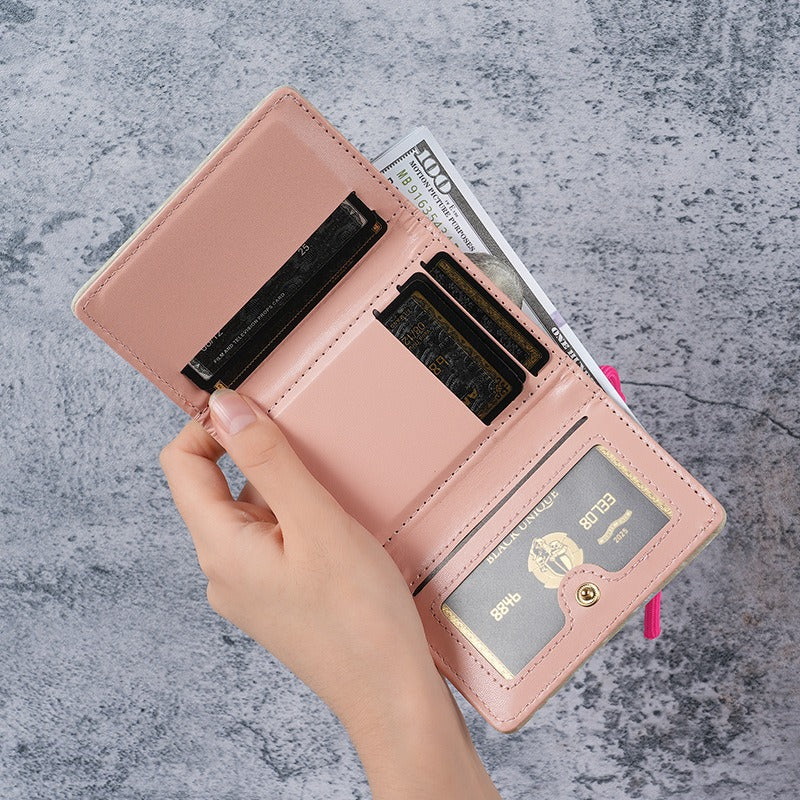 Wholesale PU Women' s Tri-Fold Wallet,  Korean Style Cute Heart Pattern,  Short Lanyard Purse,  Everyday Fashion Accessory